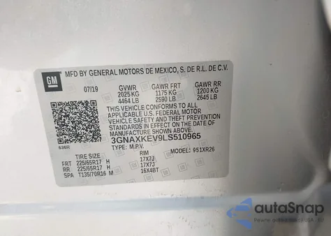 2020 Chevrolet Equinox Fwd Lt 1.5L Turbo from USA, damaged, VIN 3GNAXKEV9LS510965